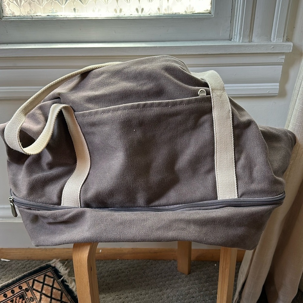 Lo & Sons Taupe Canvas Travel Duffel with Cream Straps